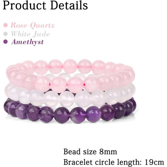 3PCS Rose Quartz Healing Crystal Natural Stone Beaded Stretch Bracelet for Women - Picture 5 of 6